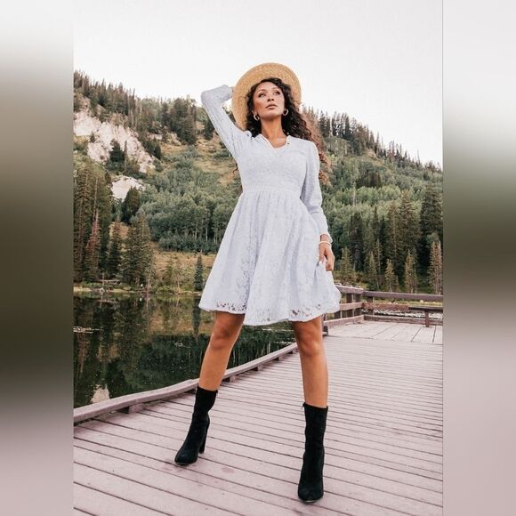 Jessakae Leah Ryder Felicia Blue Lace Long Sleeve Flare Mini Dress Size … - Picture 4 of 12